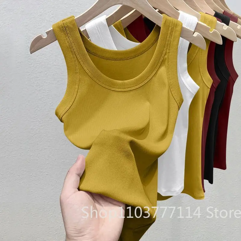 Damen Einfarbiges Geripptes Top mit Rundhalsausschnitt Sommer Basic Elastisches Spaghetti-Träger-Top Leichtes Kühles Basis-Shirt Ärmellose Weste – Detail 11