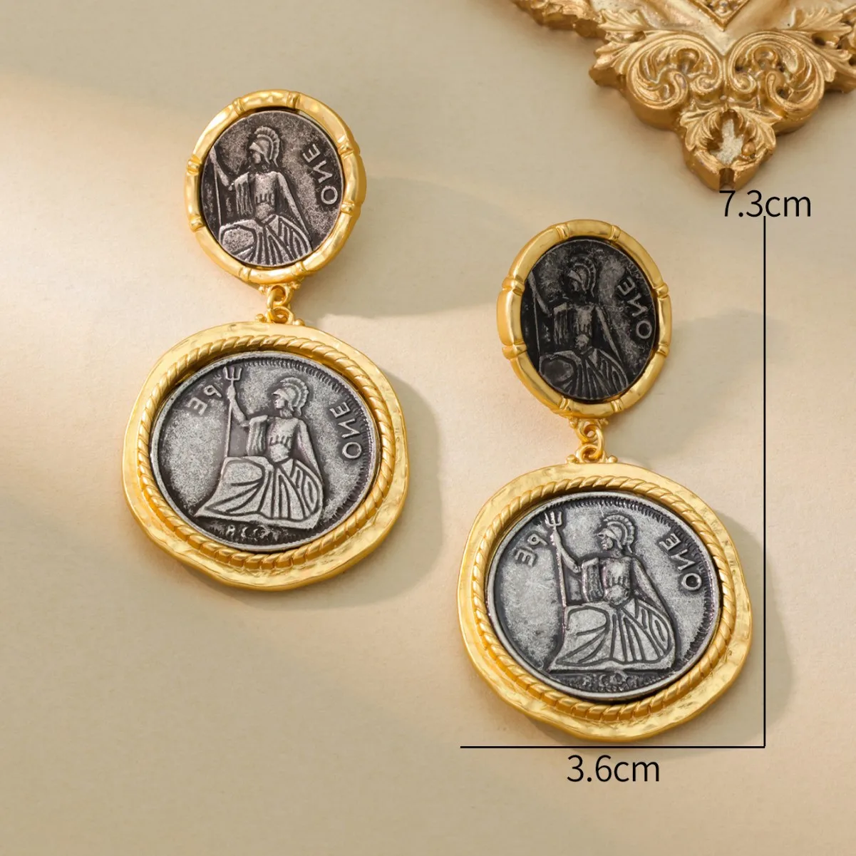 Vintage Western Court Earrings Ancient Coin Retro Portrait Electroplated Real Gold Stud Earrings Jewelry