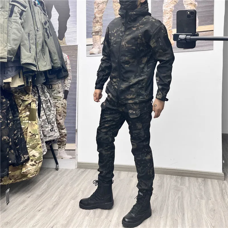 Black Camo 3 Pcs Sets Men Army Soft Shell Hooded Jacket+Breathable Long Sleeve Tshirts+Multi-pocket Straight Pants Cargo Suits