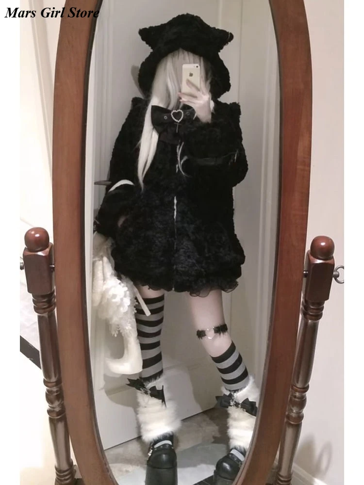 Japanese Vintage Harajuku Sweet Y2k Dark Hoodie Women Loose Long Sleeve Cat Ear Hairy Coats Autumn Casual Elegant Fashion Tops