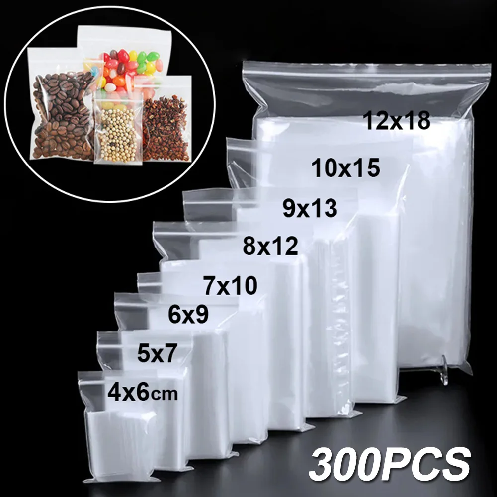 Bolsas transparentes con cremallera para almacenamiento de joyería, paquete de plástico grueso, reutilizable, para organización de cocina, 300/100