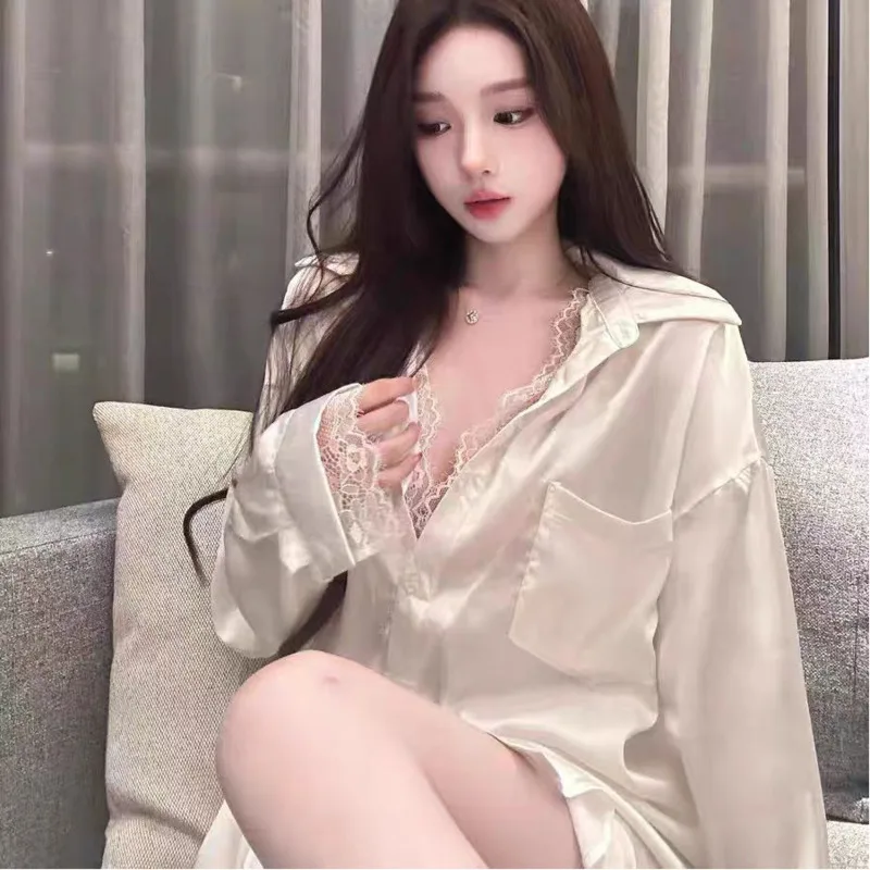 2025 Spring Autumn Sexy Lace Shirt Pants Ice Silk Long Sleeve Boyfriend Women Pajamas Homewear Two Piece Set Nightgown Sleepwear