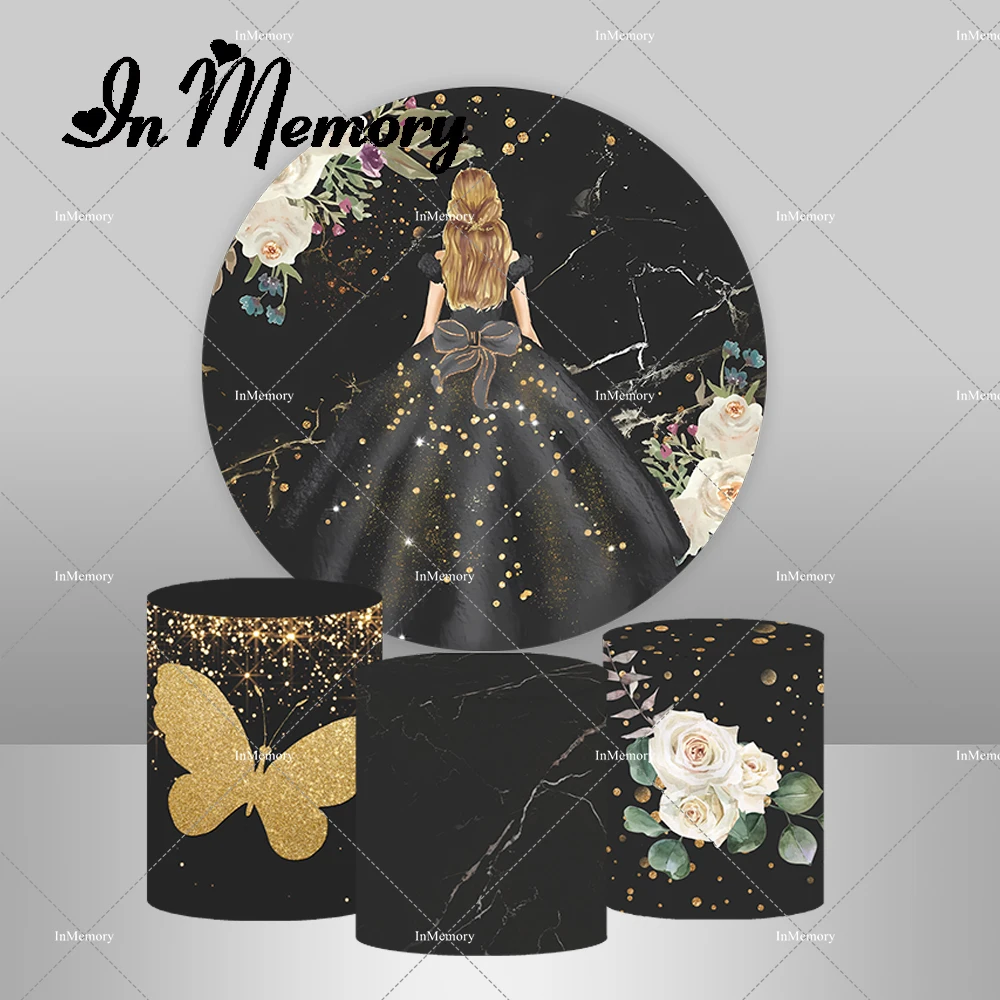 

Floral Quinceanera Sweet 15 16th Princess Birthday Party Round Backdrop Girl Dress Black Gold Butterfly Marble Style Background