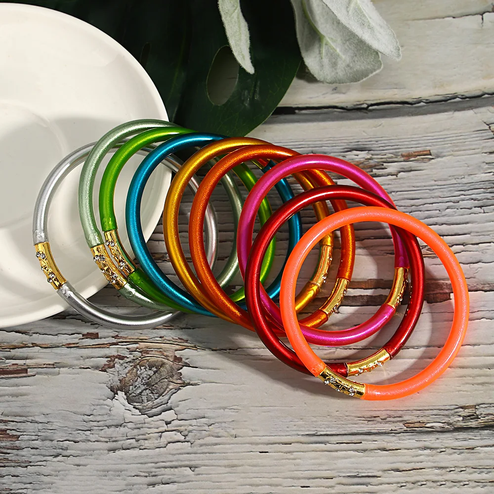 ALLYES Inlaid Rhinestone Metal Buckle Silicone Bracelet for Women Buddhist Rush Temple Glitter Filled Jelly Lightweight Bangles