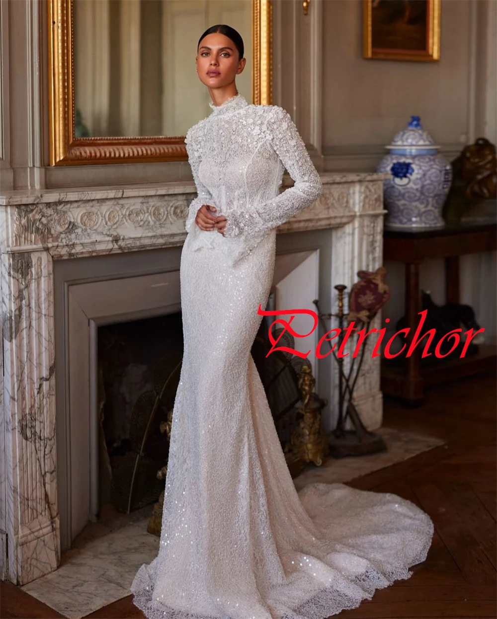 Robe de mariée en Organza blanc de haute qualité, personnalisée, tempérament, décolleté haut, manches longues, robe de mariée avec traîne chapelle