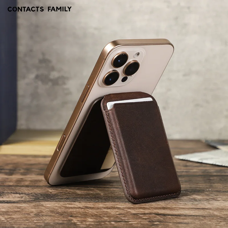 MagSage Genuine Leather Magnetic Card Holder Handmade Multi-Functional Folding Phone Stand Compatible with iPhone