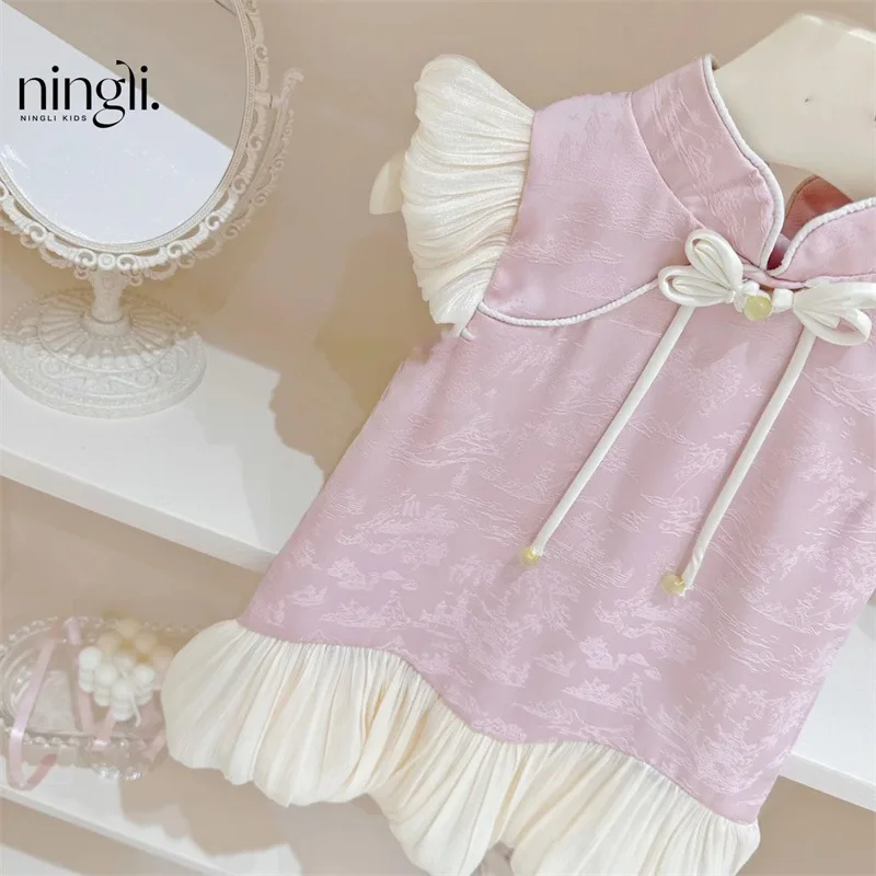 Girls' New Chinese Style Dress New Cute Girl Baby Summer Chinese Style Qipao Fashionable Princess Dress