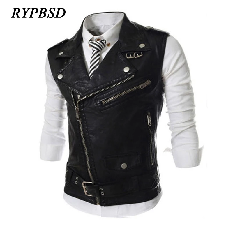 PU Faux Leather Vest for Men Sleeveless Waistcoat Motorcycle Coat Multi Zipper Punk Stage Singer Costume Black Autumn Fashion