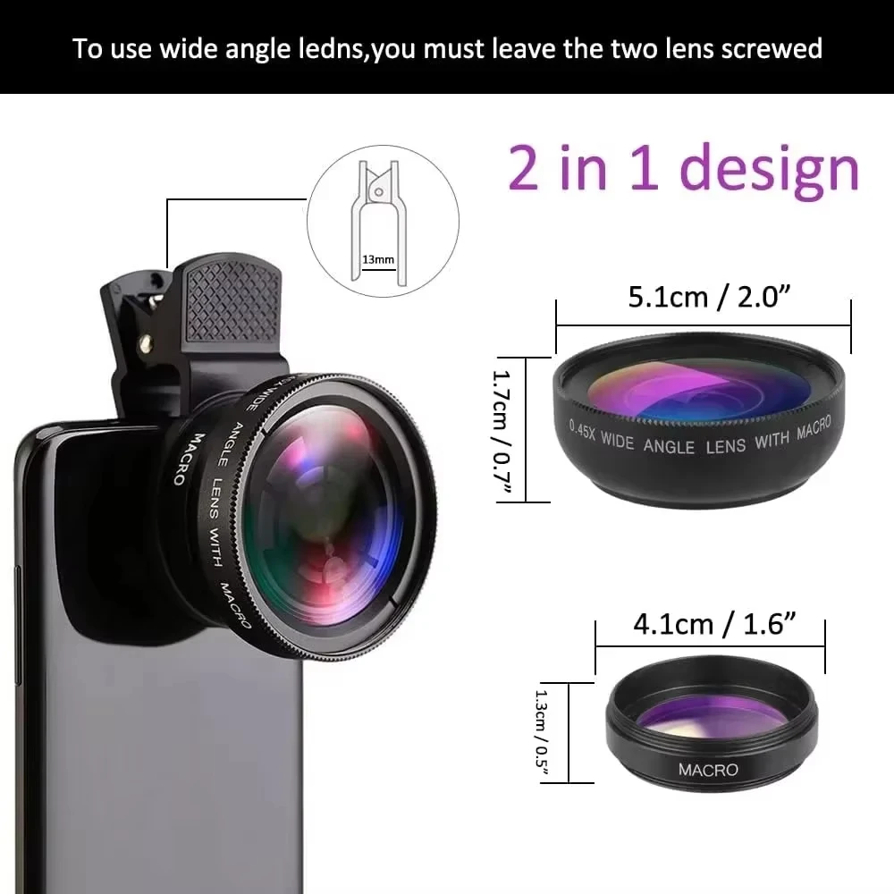 2 IN 1 Lens Universal Clip 37mm Mobile Phone Lens Professional Super Wide-Angle + Macro HD Lens For iPhone Android Accessory