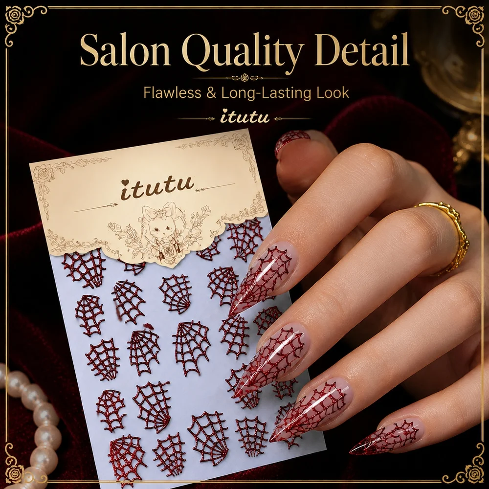 1Pc Multi Tone Glitter Spider Web Nail Stickers Hollow Web Gothic Punk Design Easy Apply For Short & Long False Nails DIY Decor