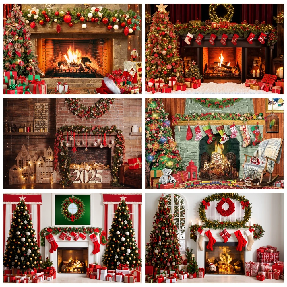 Christmas Fireplace Photography Backdrop Bonfire Winter Xmas Tree Gift Socks Kids Portrait Family Party Background Photo Studio