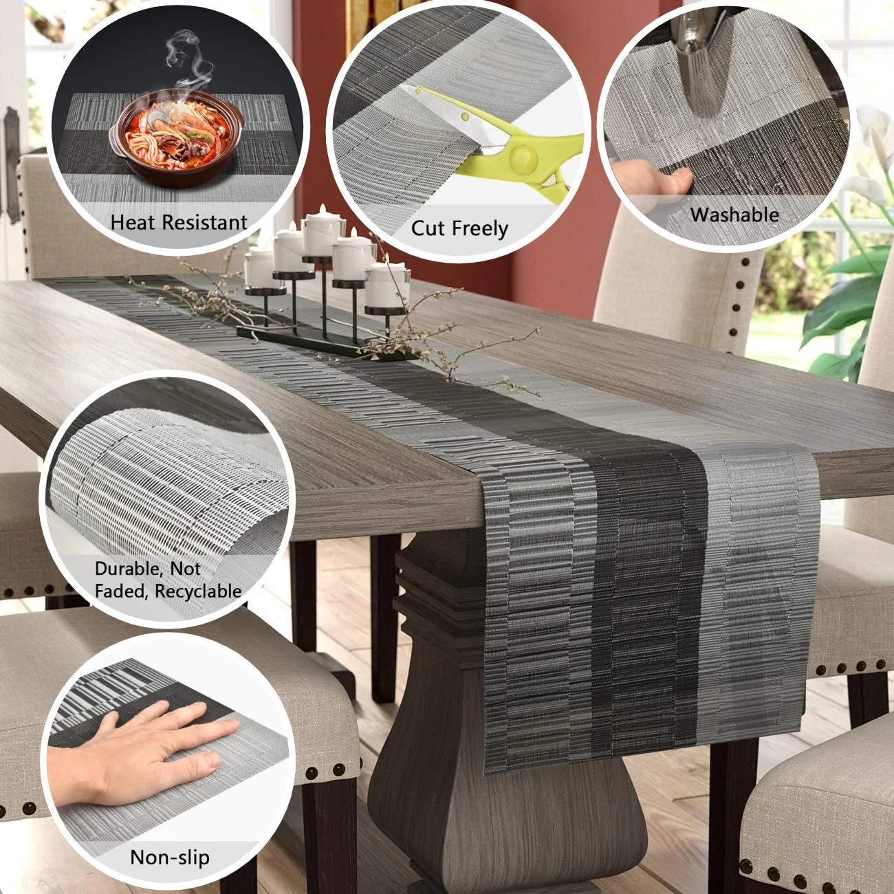 PVC Placemats Set Washable Dining Table Mats Set Tear-proof Heat Resistant 6 X Place Mats 6 X Coasters and 1 X Table Runner