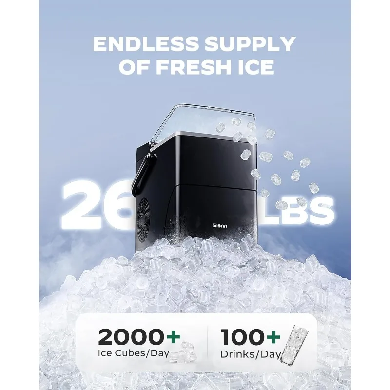 Macchina per il ghiaccio da banco Silonn, 9 cubetti in 6 minuti, cestino per il ghiaccio da 2,5 litri, macchina per il ghiaccio autopulente con controllo touch a LED, 2 dimensioni di proiettili