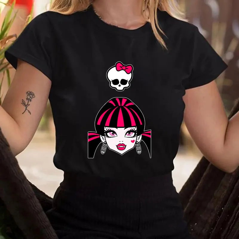 Draculaura Women Shirts Monster High Printed T-shirt Kawaii Vintage O-neck Hipster Streetwear Female Summer Funny Anime tees