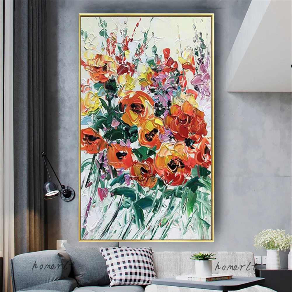 

Hand-Painted Flower Oil Paintings Wall Art Pink Modern Oragne Garden Picture Canvas Poster Decor Living Room For Home Show Gifts