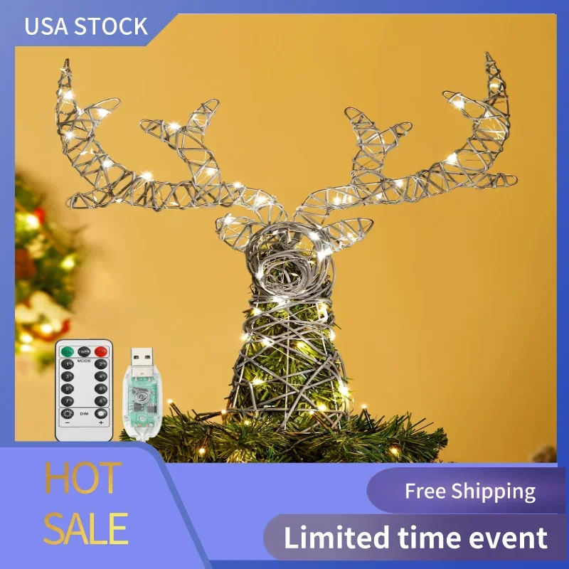 

Christmas Tree Topper, Remote & USB Tree Topper with Lights 6H Timer, Metal Frame Deer Tree Topper with 50 Warm Light Beads