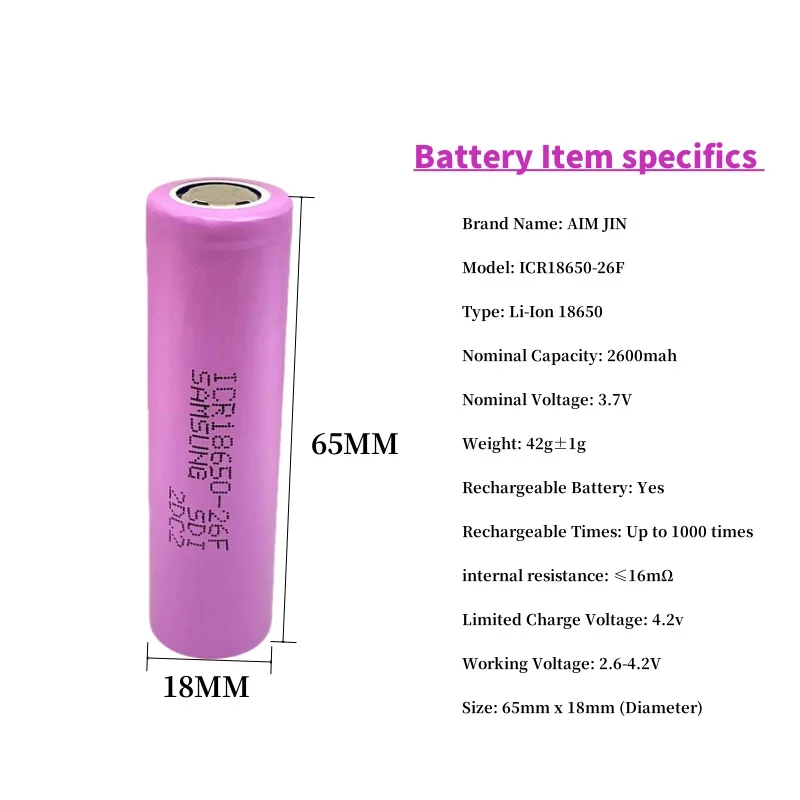 ICR18650 26F 3.7V 2600MAH Large Capacity Rechargeable Lithium Battery Suitable for All Kinds of Electronic Products,With Charge