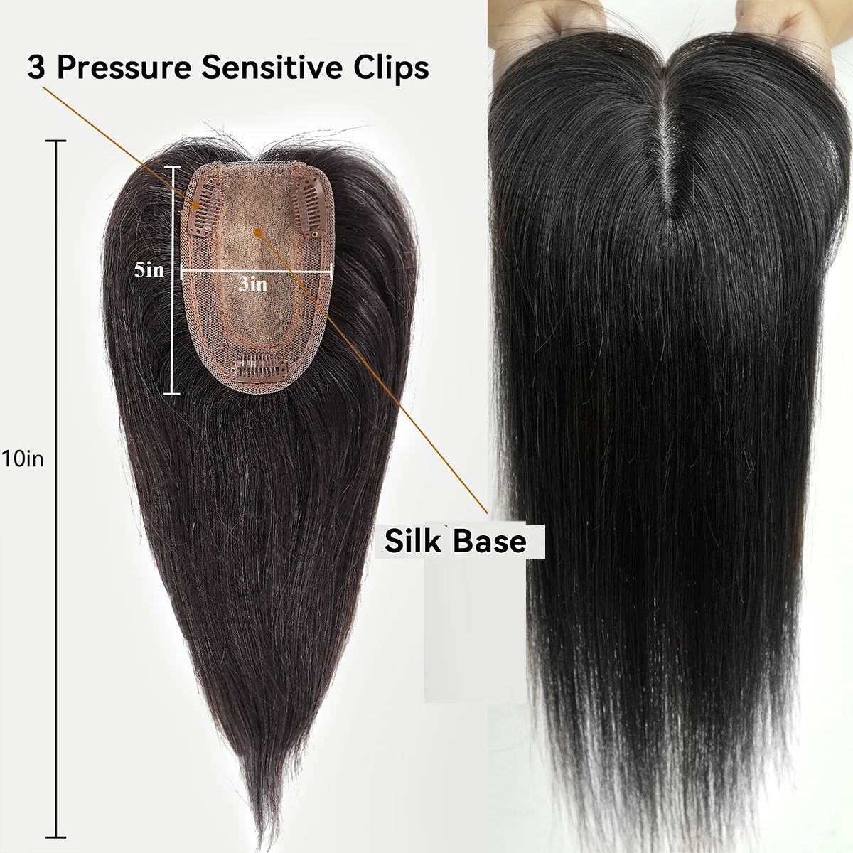 100% Remy Human Hair Toppers for Women Black Hair Pieces 10 Inches Hair Toppers With Bangs Silk Base Clips in Hair Extension