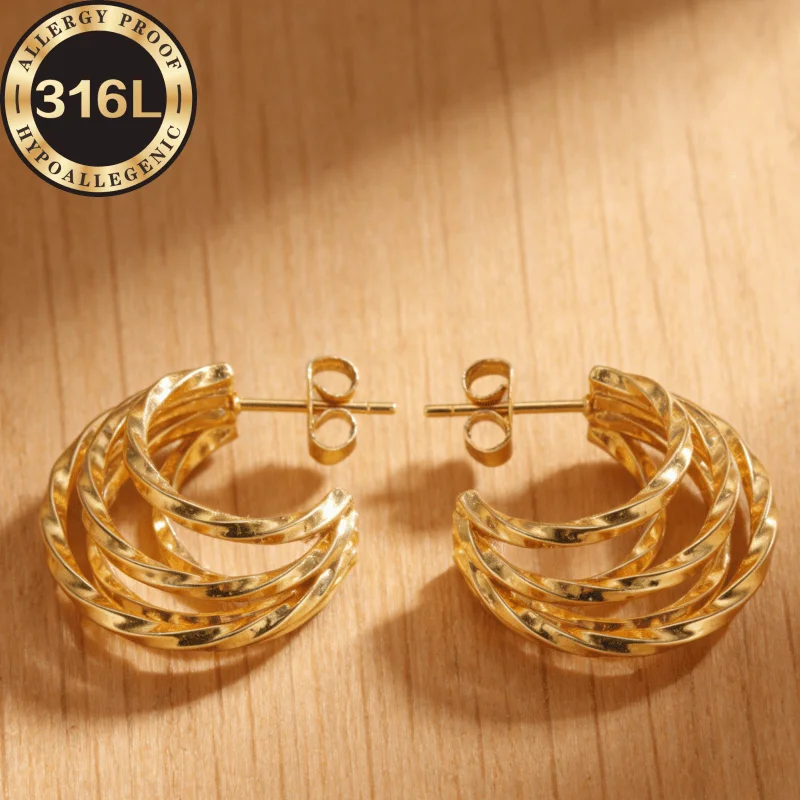 Anti-allergic, stainless steel hypoallergenic Golden earrings, square line twisted five-spell round