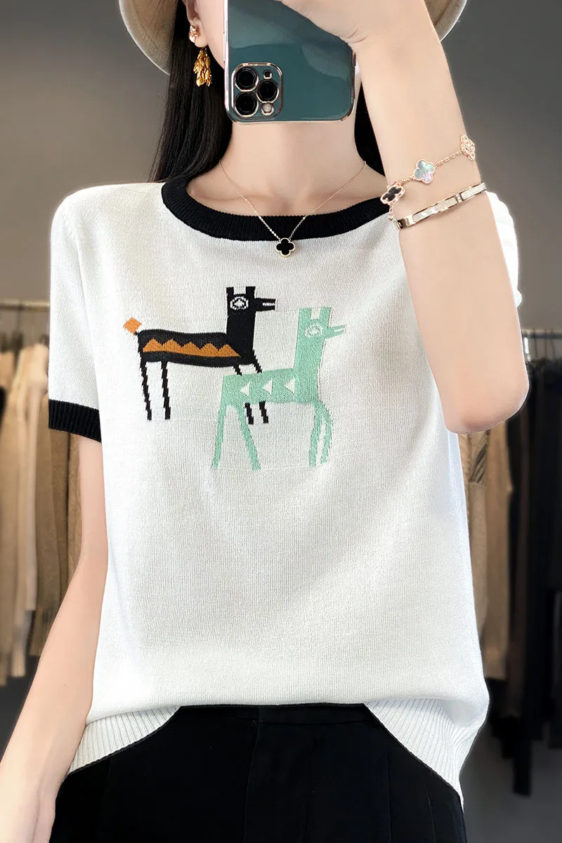 

Summer New Ice Silk Short sleeved T-shirt Women's Fashionable Round Neck Jacquard Pony Contrast Knitted Shirt Top Thin