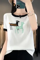 Summer New Ice Silk Short sleeved T-shirt Women's Fashionable Round Neck Jacquard Pony Contrast Knitted Shirt Top Thin