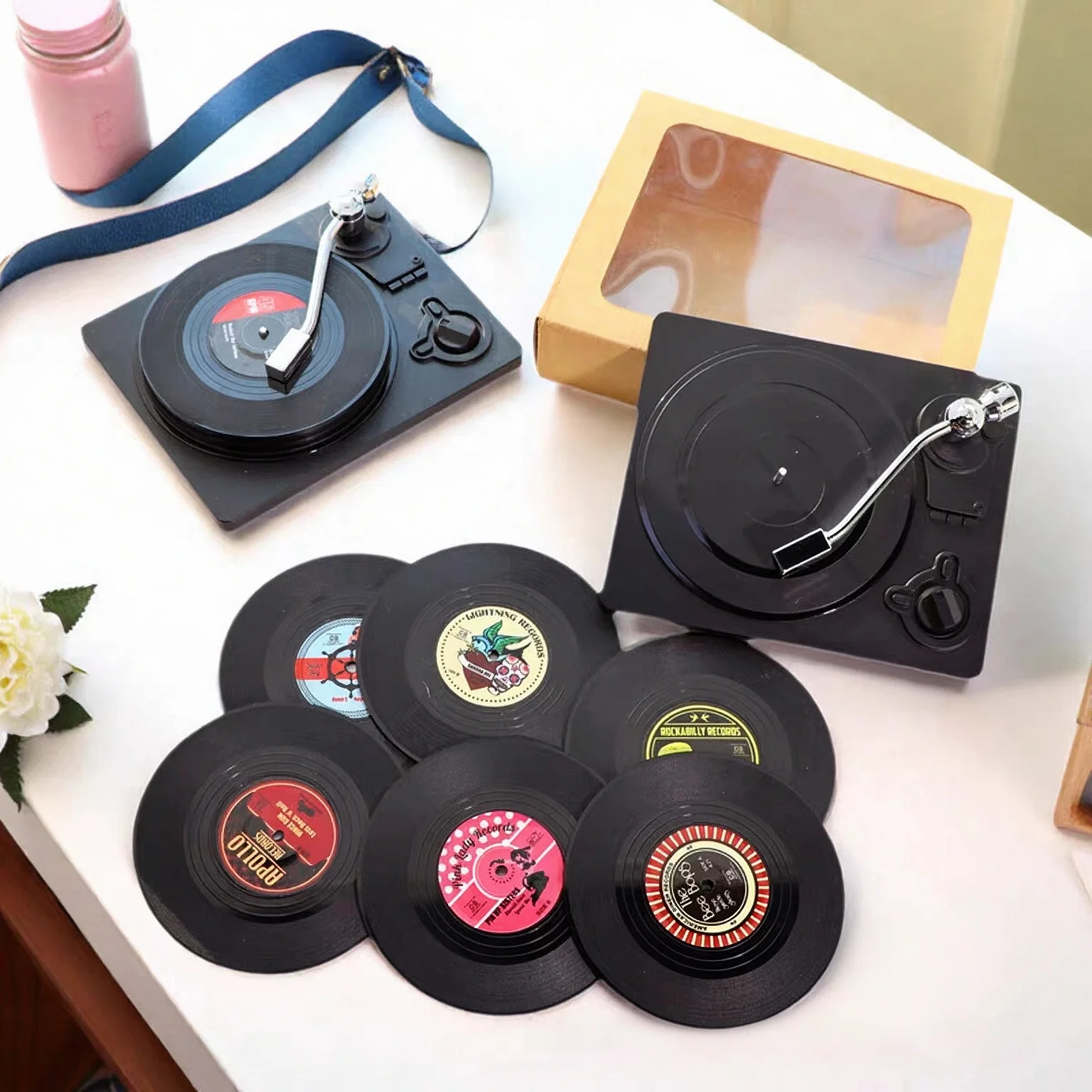 Vintage Vinyl Record Coaster Set with Storage Holder Retro Music Decor Drink Coasters