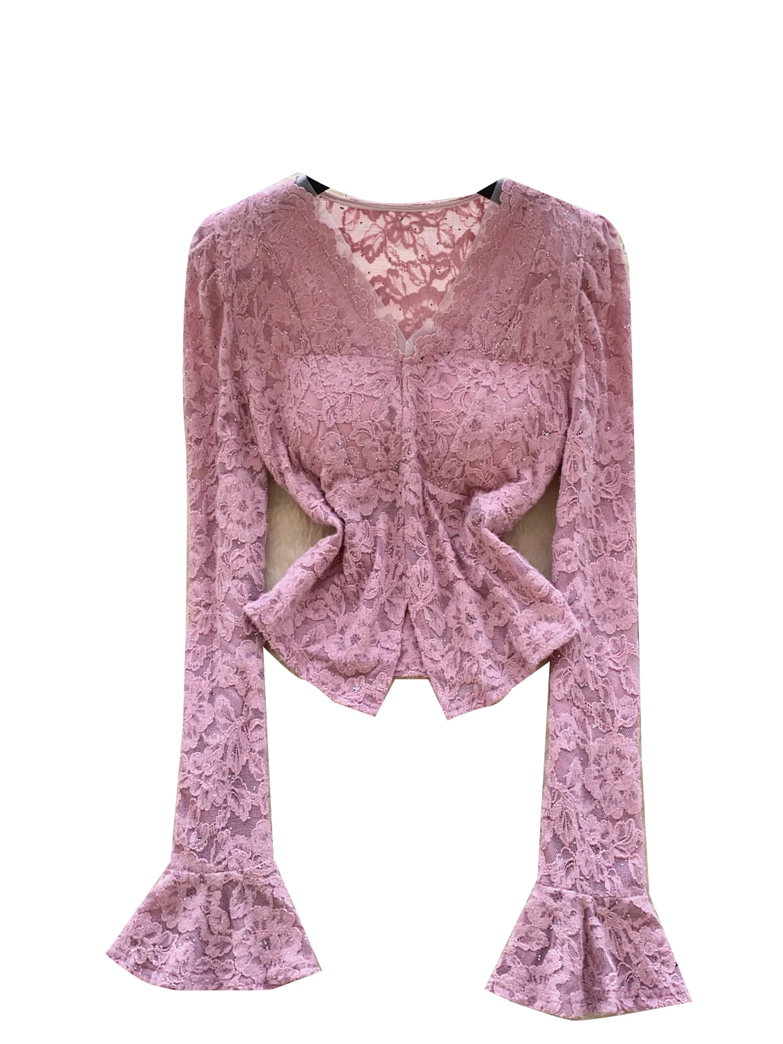 Retro V-ne Bell Sve Lace irt Women's Slimming Ele Top Korean Sle Commute Faion Small Diamond Long Sve irt