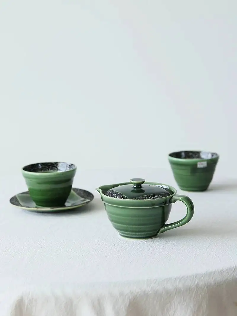 In-Stock Japanese Imported Seto Ware Seigaiha Green Glaze Tea Coffee Saucer Ceramic Cup And Plate Set