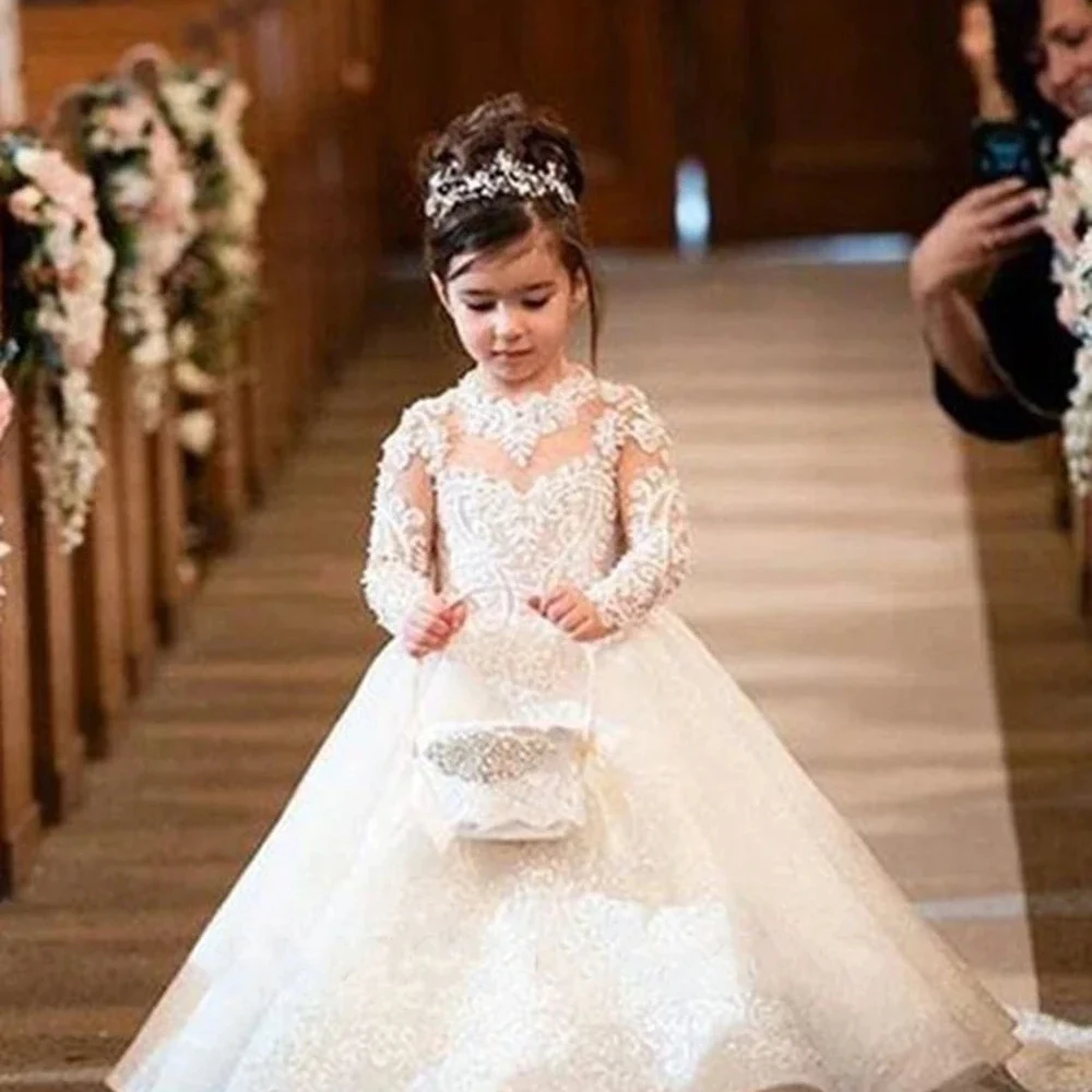 

Customized Flower Girl Dress For Wedding Appliques Bow Long Sleeve Knee Length High Waist Kids Birthday First Communion Gown