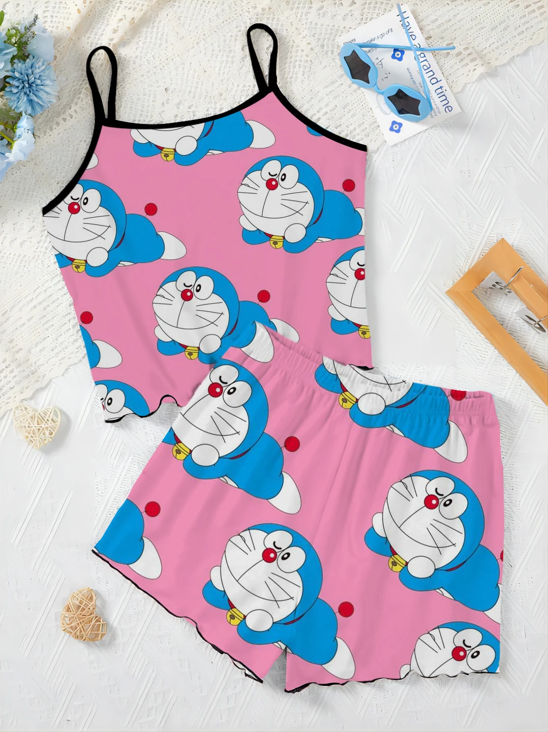 Lettuce Trim Vacation Outfits Woman 2024 Home Dress Women's Suit Short Sets Pajama Skirt T-shirt Top Doraemon Pieces Elegant Top