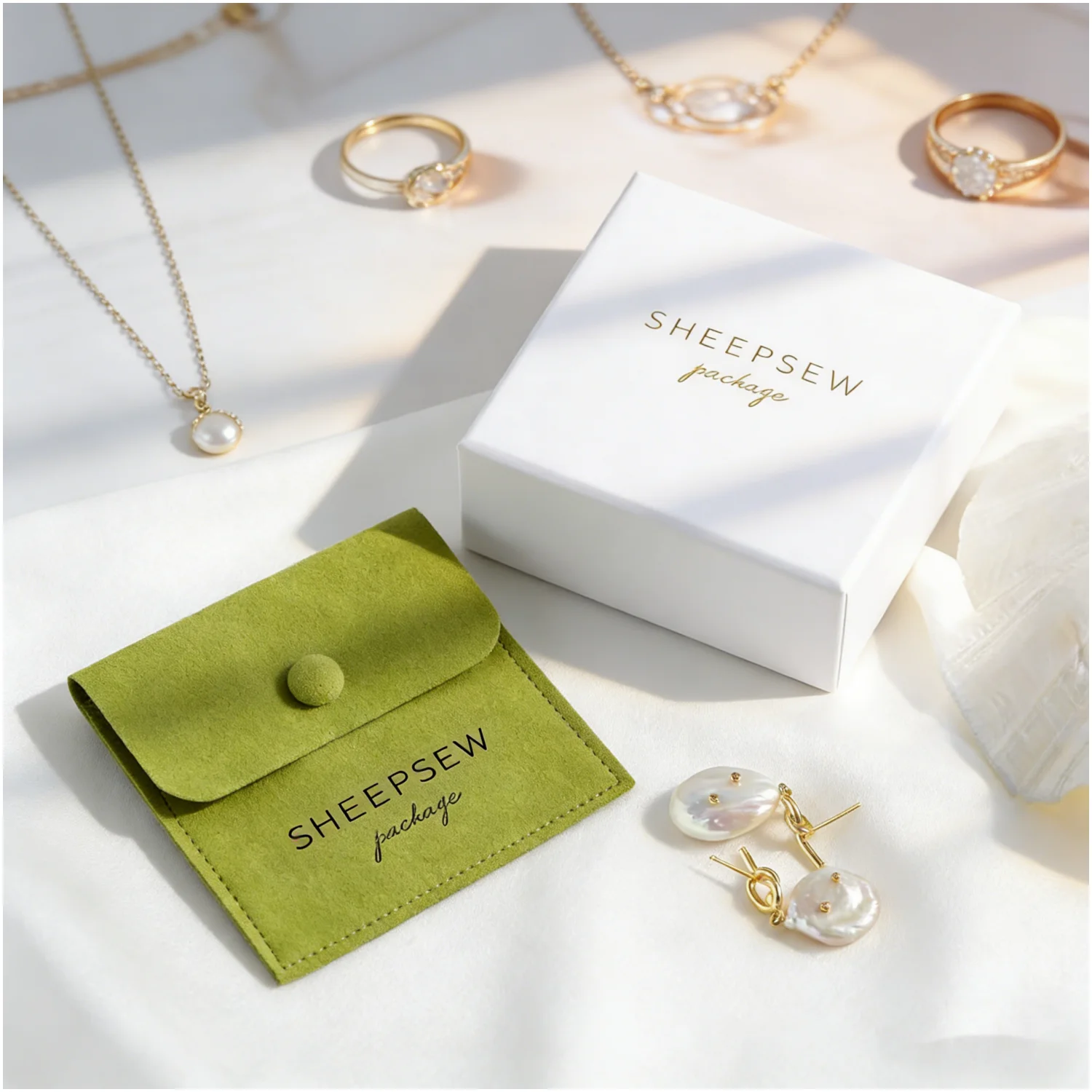 

SHEEPSEW Custom Logo Jewelry Packaging Set Sliding Drawer Box Snap Button Suede Microfiber Pouch For Earring Bracelet Gift Packa