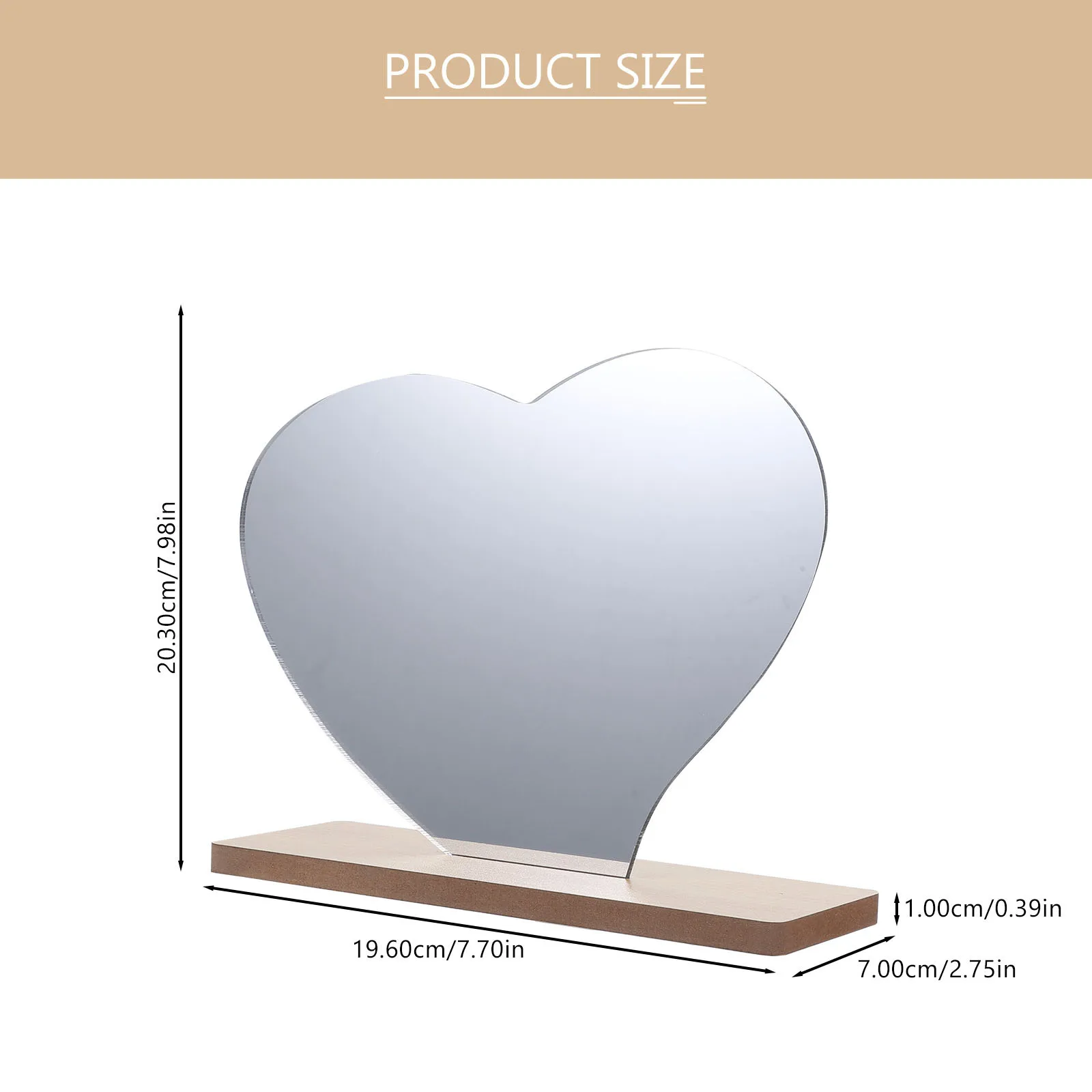 مرآة مكياج غير منتظمة لسطح المكتب، قاعدة خشبية، سطح أكريليك، مرآة صغيرة متينة ومستقرة على شكل قلب للمكتب
