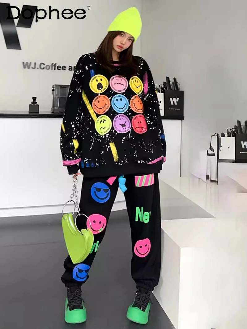 Graffiti Fashion Leisure Sports Suit Autumn and Winter Fleece Thickened Sweater and Sweatpants Two Piece Sets Womens Outifits