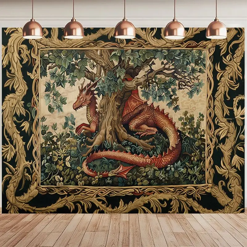 VIKAMA Medieval Red Dragon Tree Tapestry Vintage Gothic Fantasy Ornate Border Wall Hanging Living Room Bedroom Wall Art