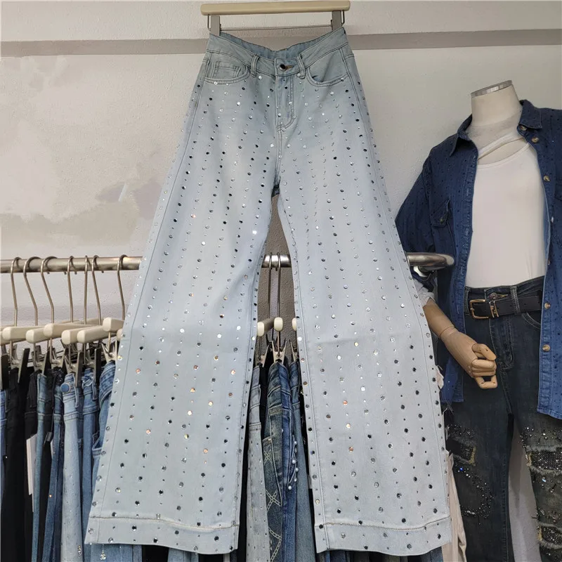 

Designer Heavy Rhinestone Jeans | 2025 Spring Summer Wide Leg Denim, High-Street Slimming Pants