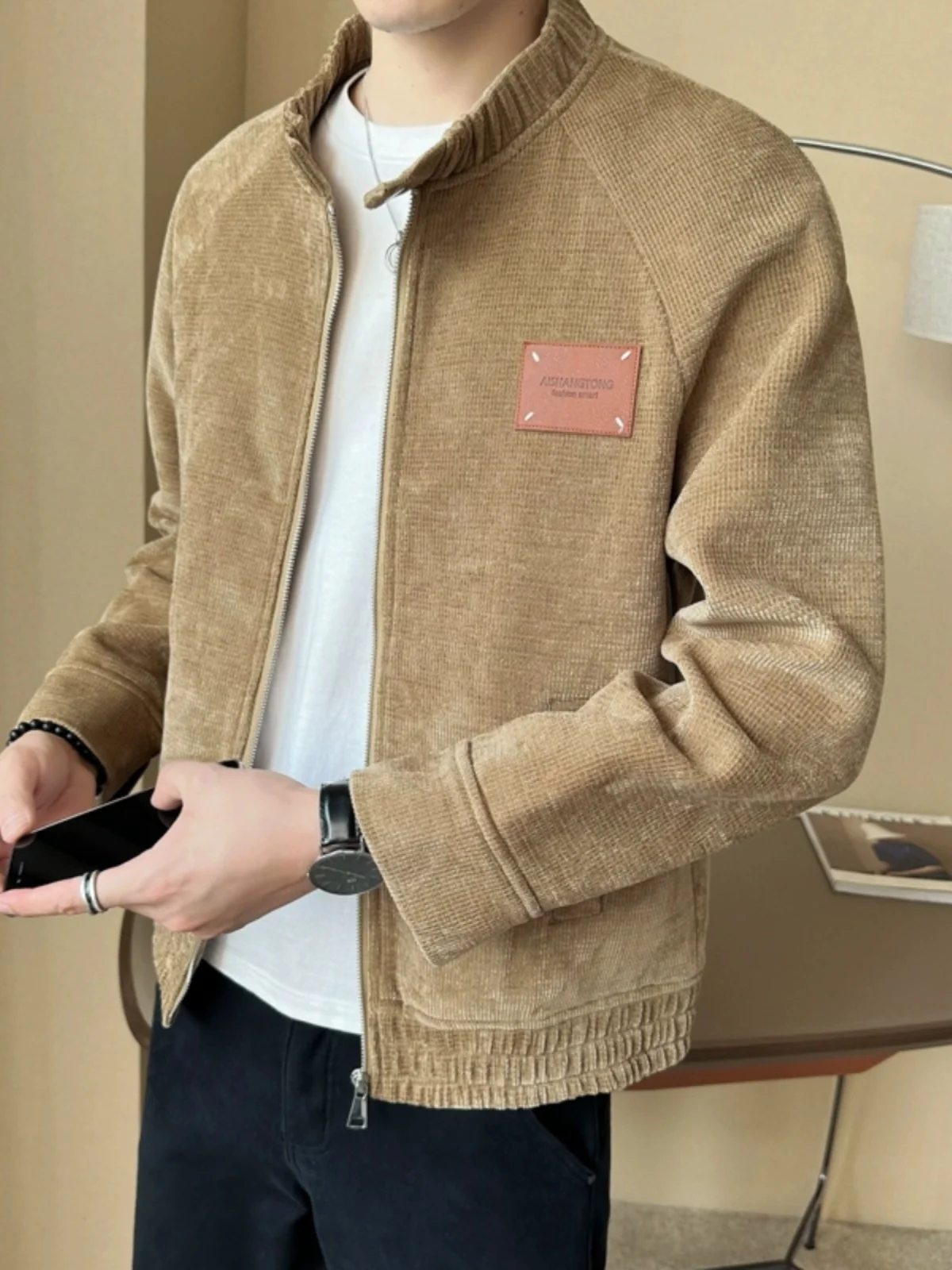 

Corduroy Jaet Men's Brown Khaki Loose High Street Sle Autumn Faion Workwear Vintage Mural Stand Fit Zipper Closure