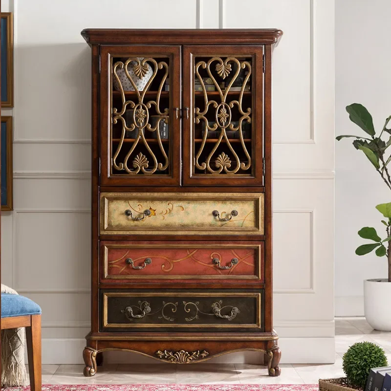 American Style Wine Cabinet with Three Buckets and Two Doors TV Side Table Storage Locker Hollow Bookcase for Villa Living