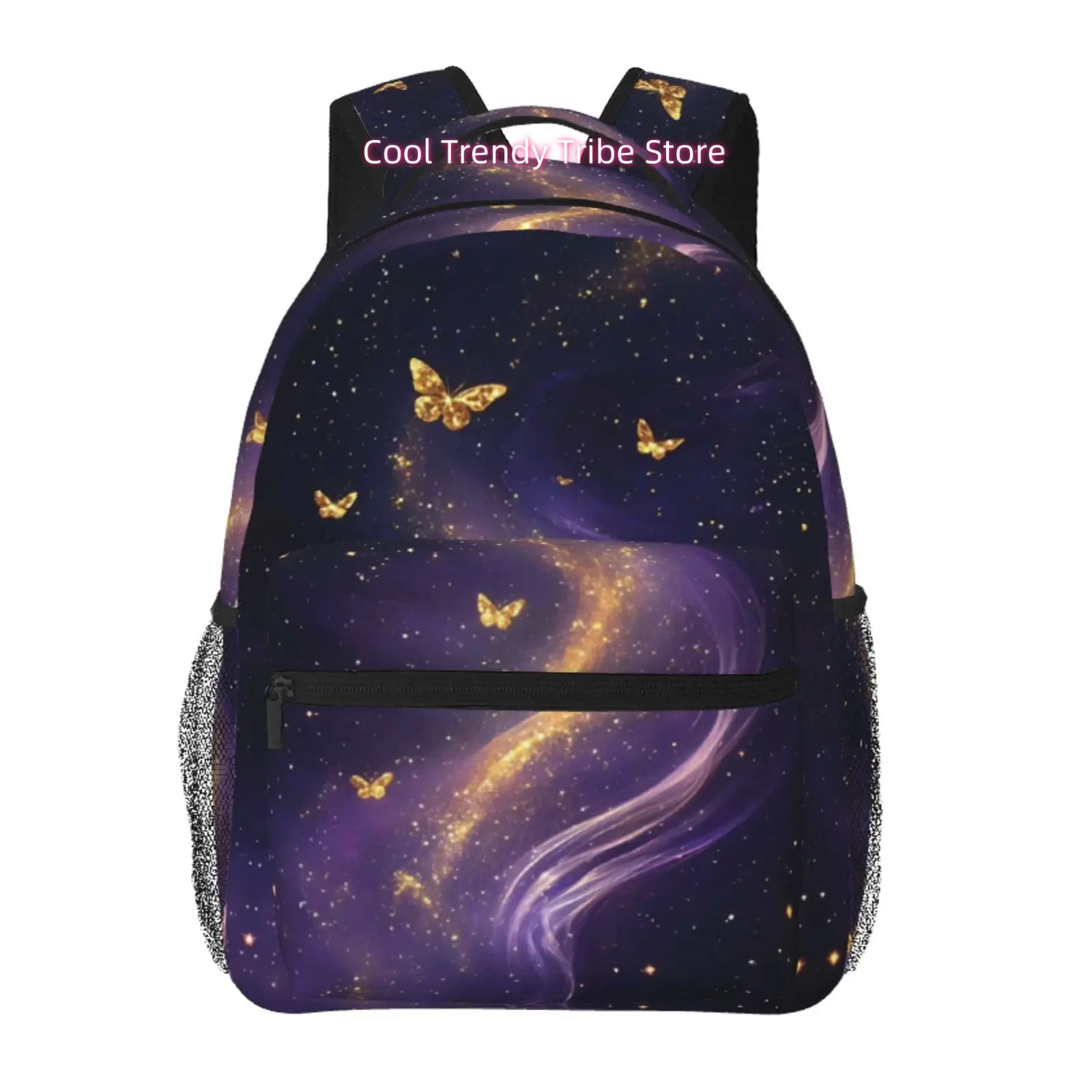 Purple Galaxy with Golden Butterflies Print Backpack, High Quality Oxford Cloth, Adjustable Shoulder Straps, for Commuting and D
