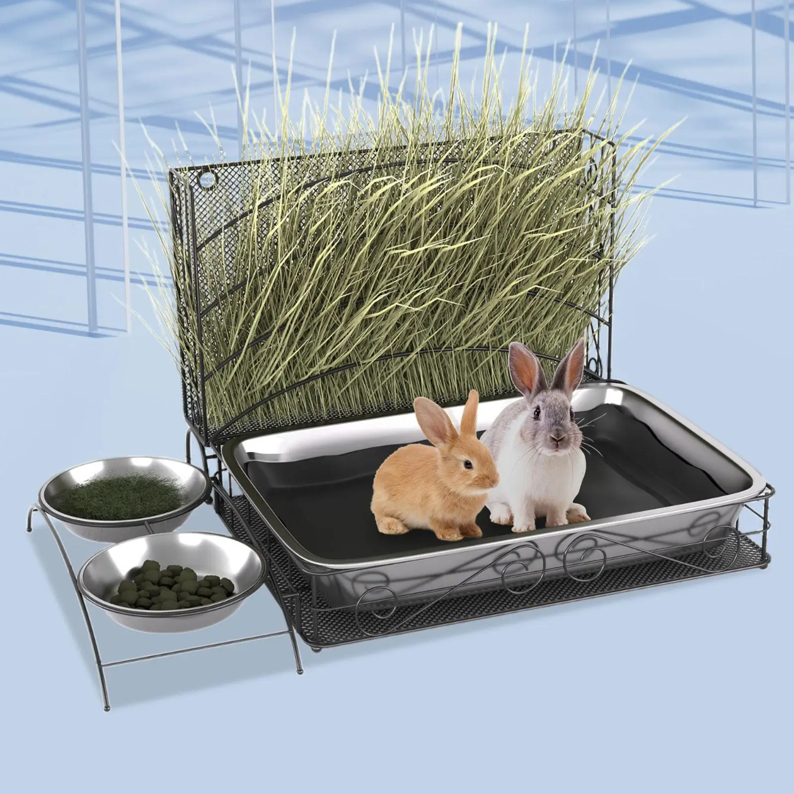 3 in 1 Rabbit Hay Feeder with Litter Box Bowls, Bunny Feeder Manger for Dwarf, Rabbit, Bunny, Guinea Pig, Chinchilla