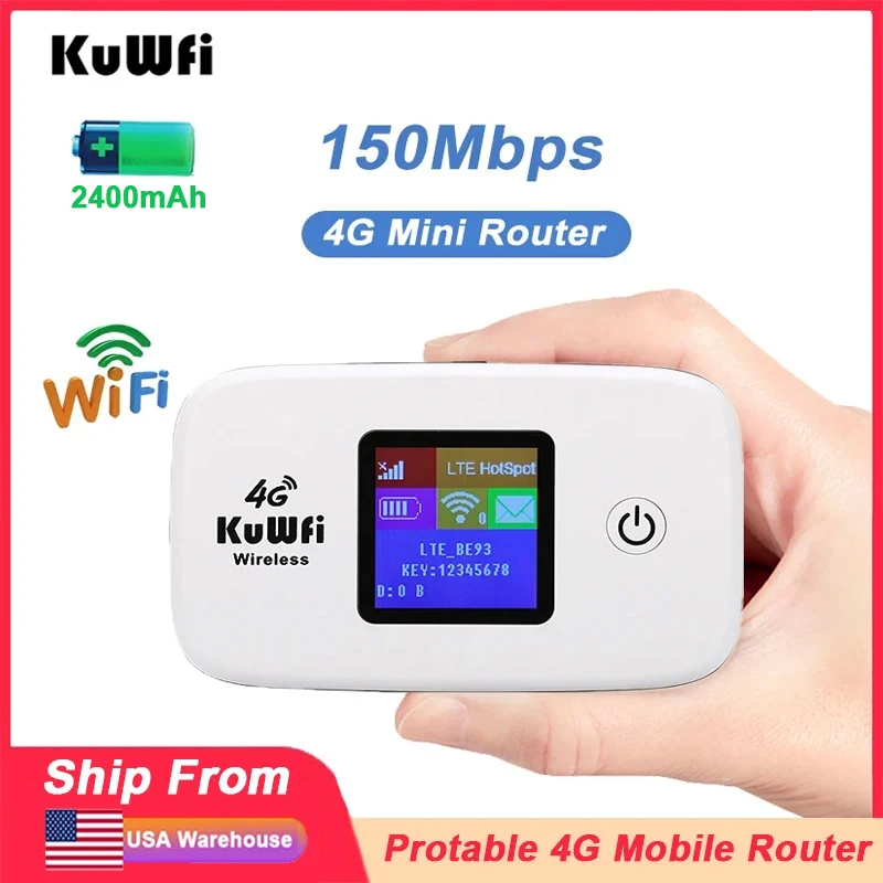 KuWFi 4G LTE Router 150Mbps Wirelress Wifi Router Protable Mobile Router 4G Modem 2100mAh Battery Low Power Router LCD Display