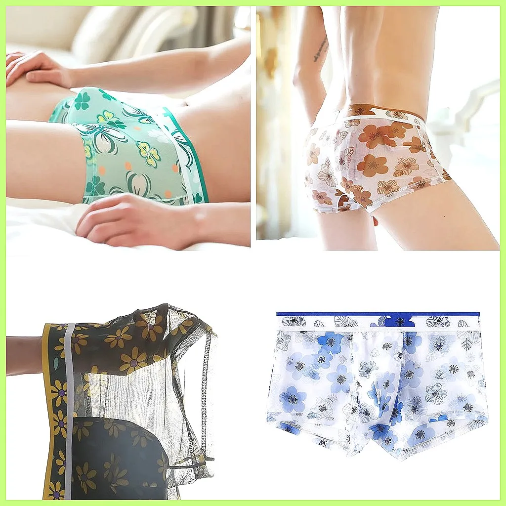 Men's See-Through Floral Print Ice Silk Underwear, U-Pouch Boxer Shorts, Thin & Breathable