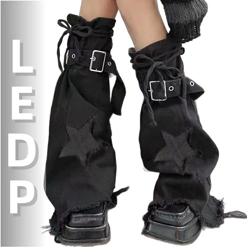 IMU Cyberpunk Star Patches Denim Black Leg Warmers Bandage Belt Boots Cover Knee-long Socks  Korean Women Acubi Fashion