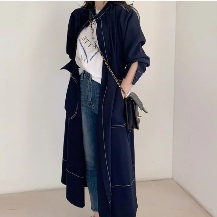 Elegant Long Skirt Dress 2026 New Fashion Stand Collar Loose Belted Coat Style Dress Single Button Front Openings City Commute