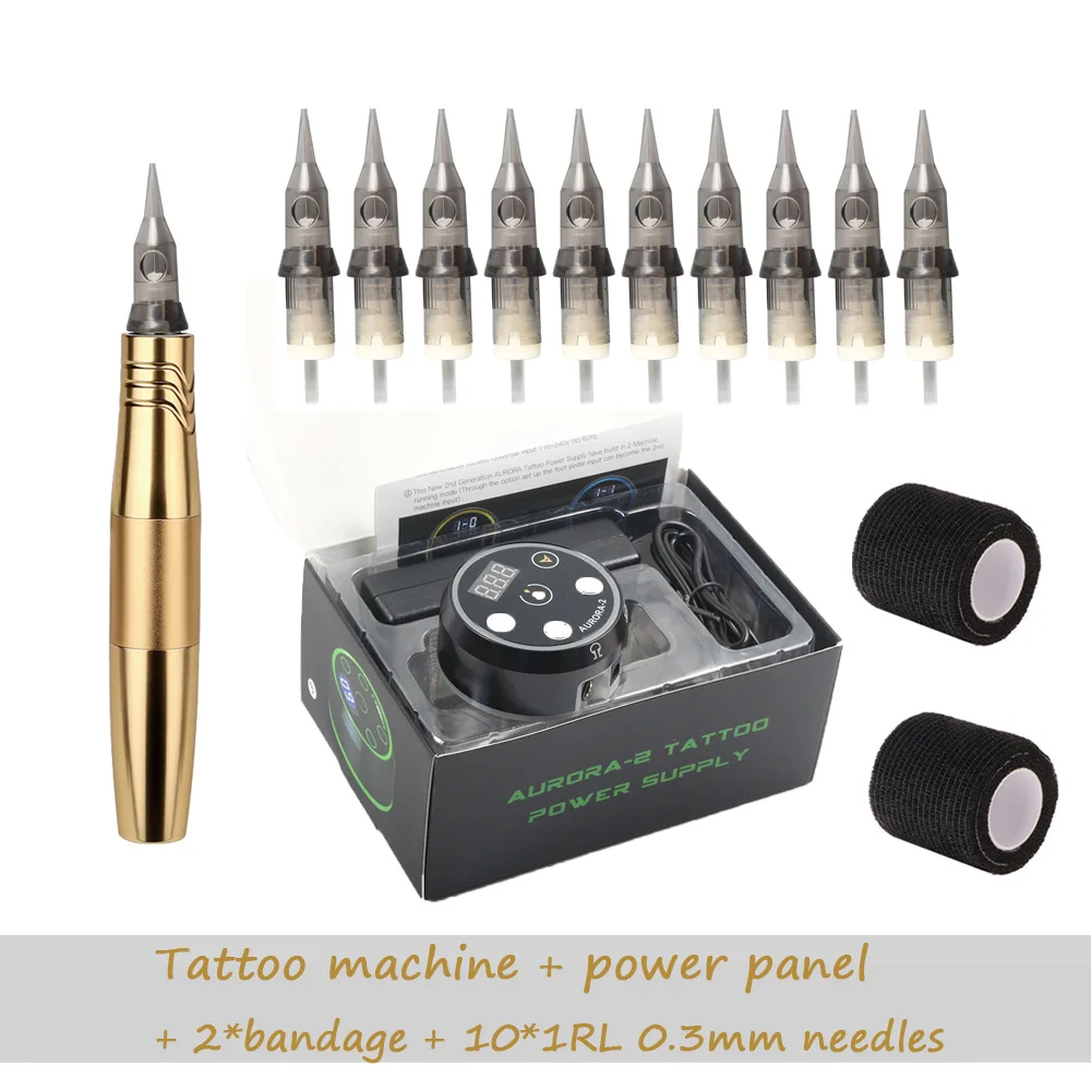 Black Permanent Makeup Tattoo Machine Pen Kit With LED Display Power Supply Tattoo Cartridge Needles Set