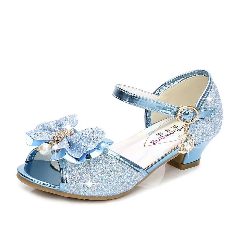 Princesa crianças sapatos de couro para meninas flor casual glitter crianças salto alto meninas sapatos borboleta nó azul rosa prata