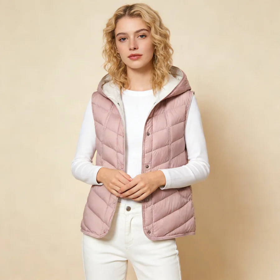 

Модный ультралегкий женский жилет без рукавов с капюшоном из твила, 90% белый утиный пух, зимний, 2026 год