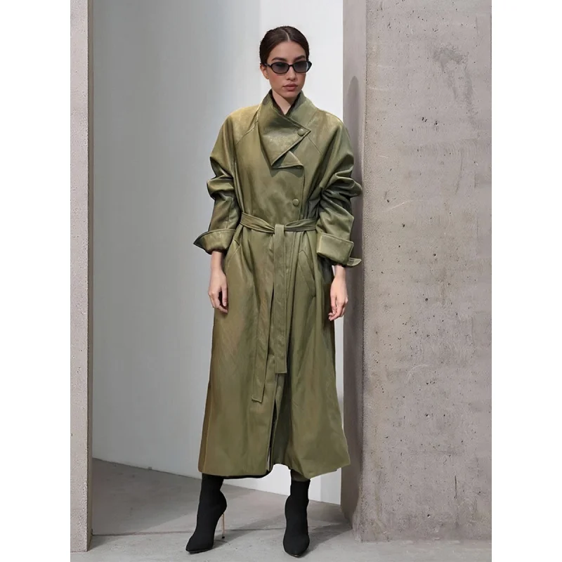

Leather high-end neutral style loose jacket2025Autumn New Women's Lace-up Long Coat