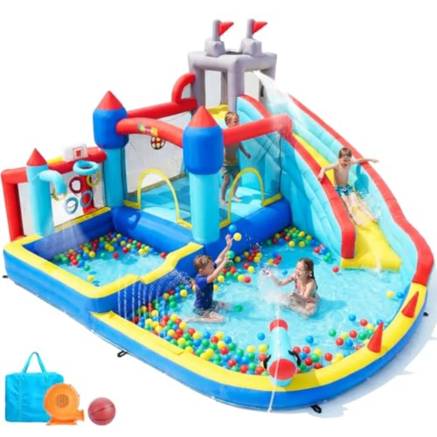 

Inflatable Water Slide Bounce House for Big 13-in-1 Bounce House with Water Sprayer Splash Pool Ball Pit Basketball Hoop Climbi