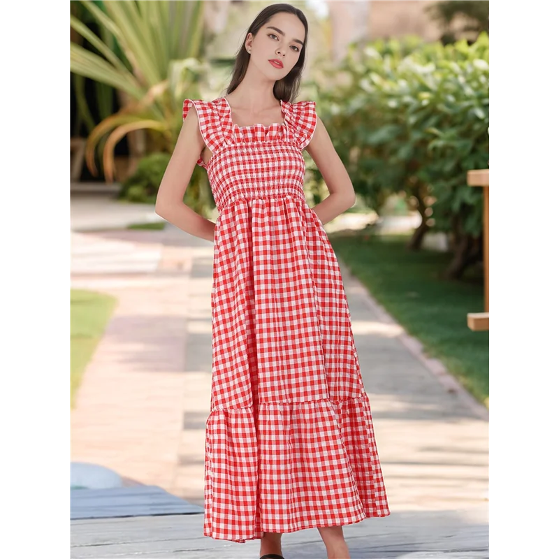 Vestido largo con volantes y tirantes finos a cuadros retro para mujer