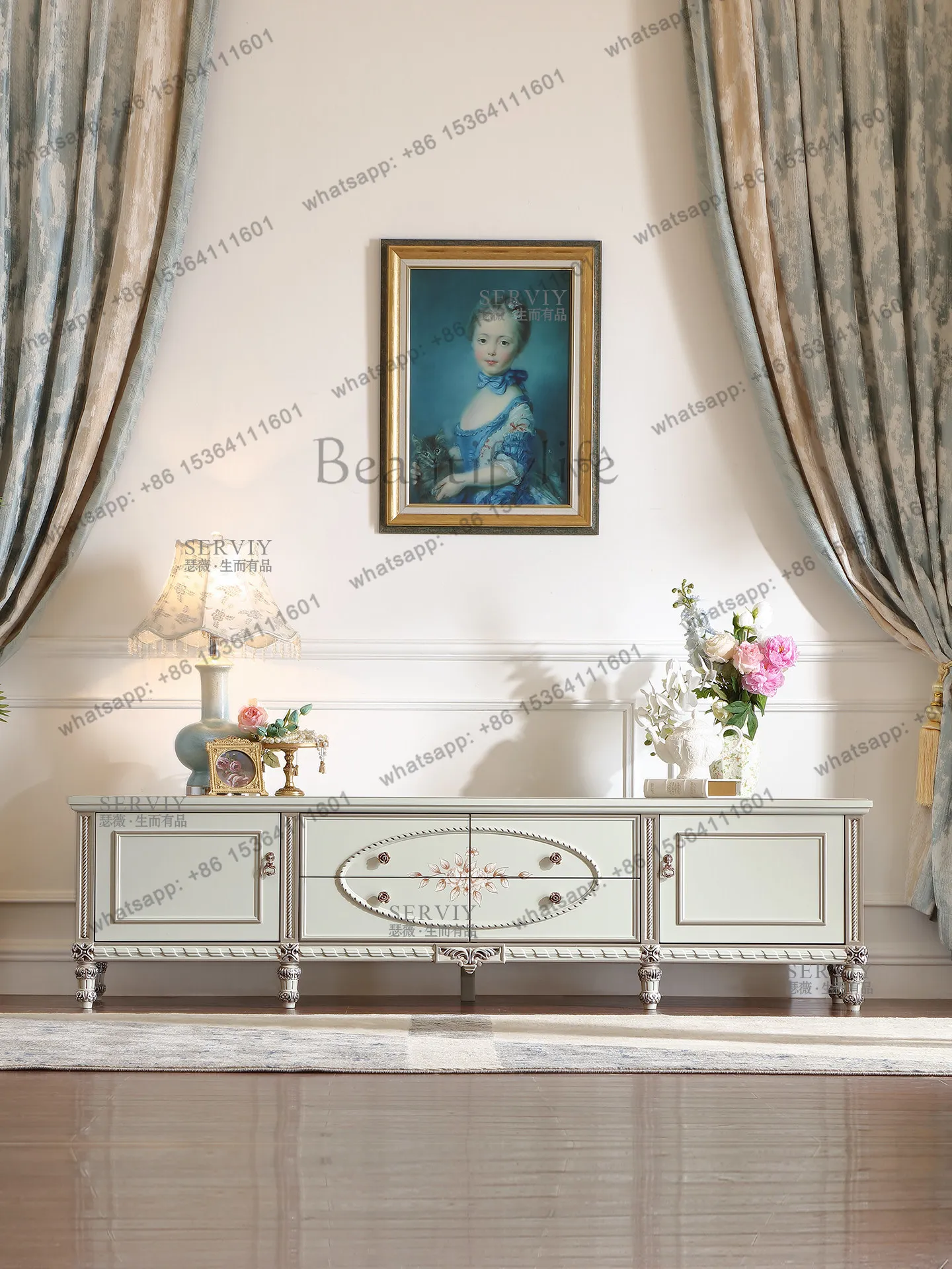 

French pastoral solid wood painted TV cabinet carved storage locker SE7